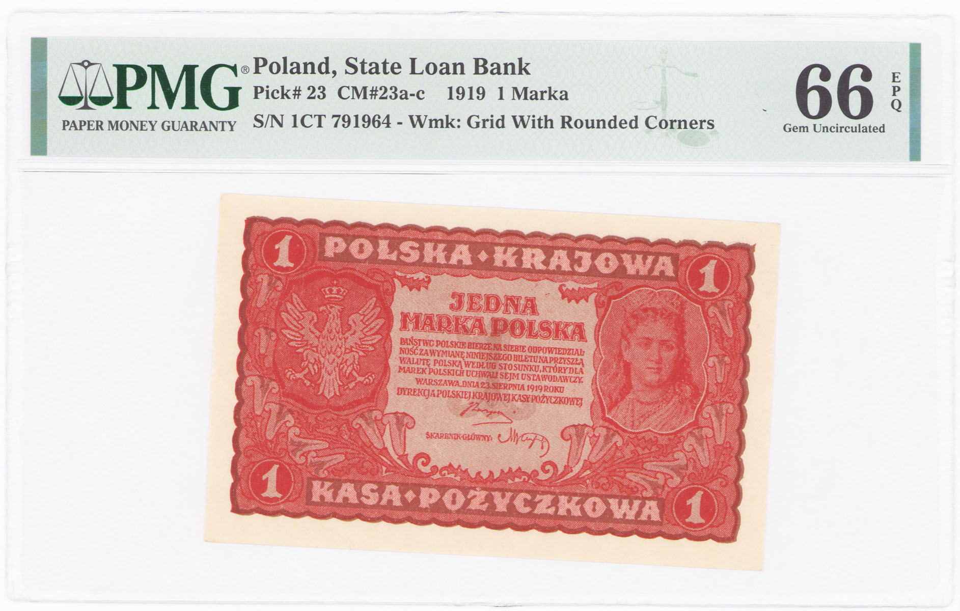 1 marka polska 1919, seria I-CT, PMG 66 EPQ - PIĘKNE